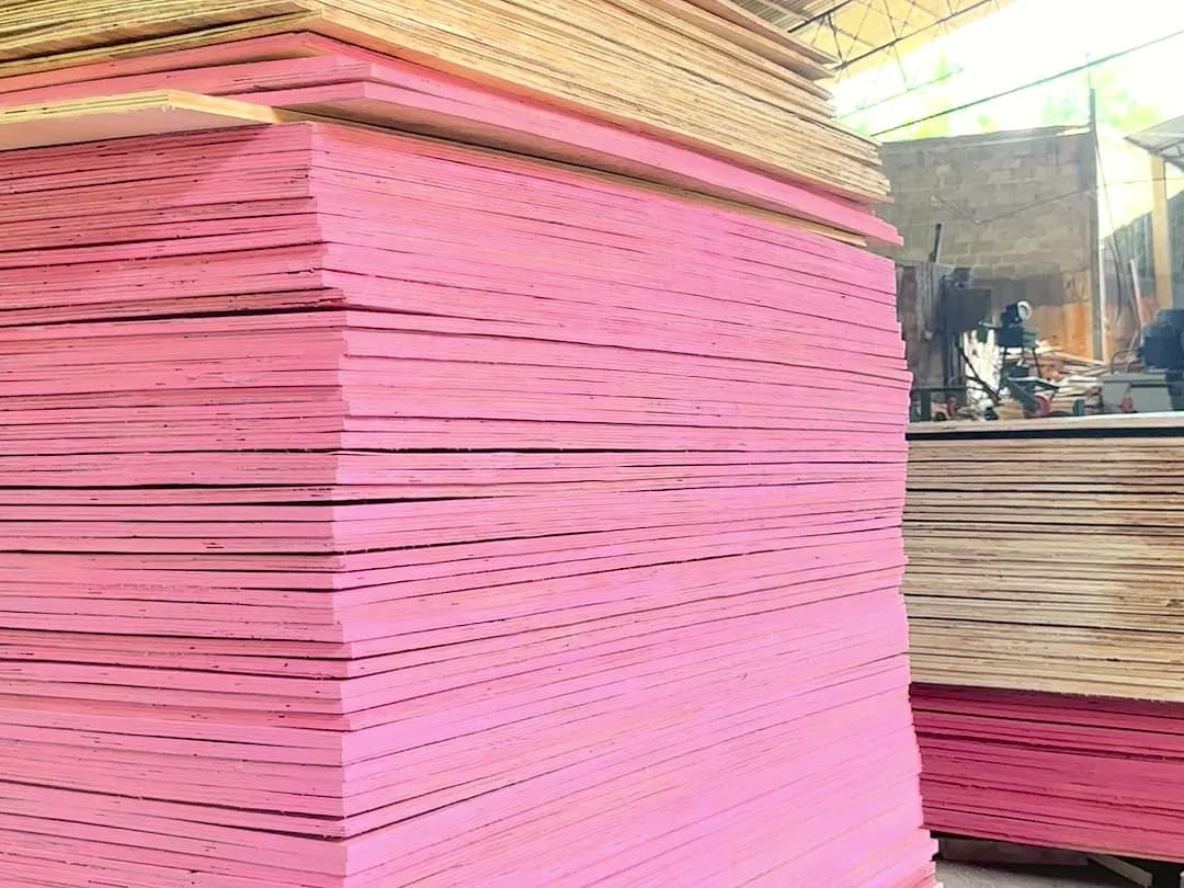 Tall stack of finished plywood at the Chalaka factory in Sri Lanka